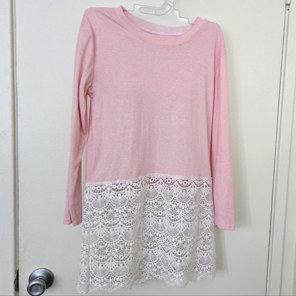 *3/$20 Layered Look Blush Pink Long Sleeve Blouse Lace EUC